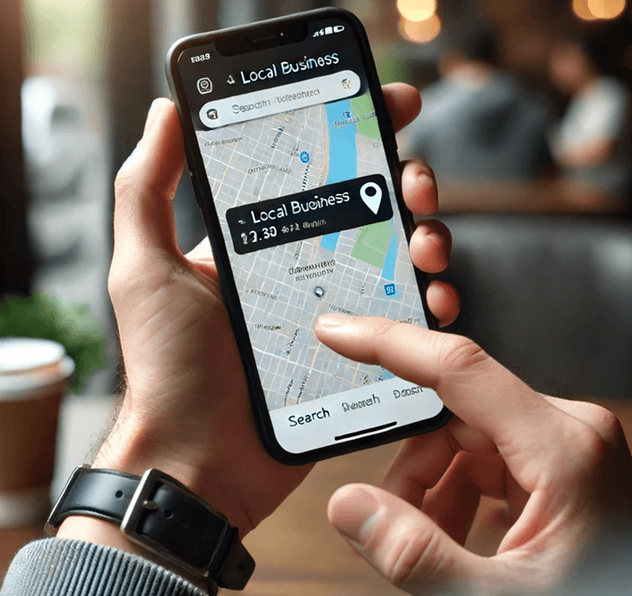A person using their phone to search for a local business